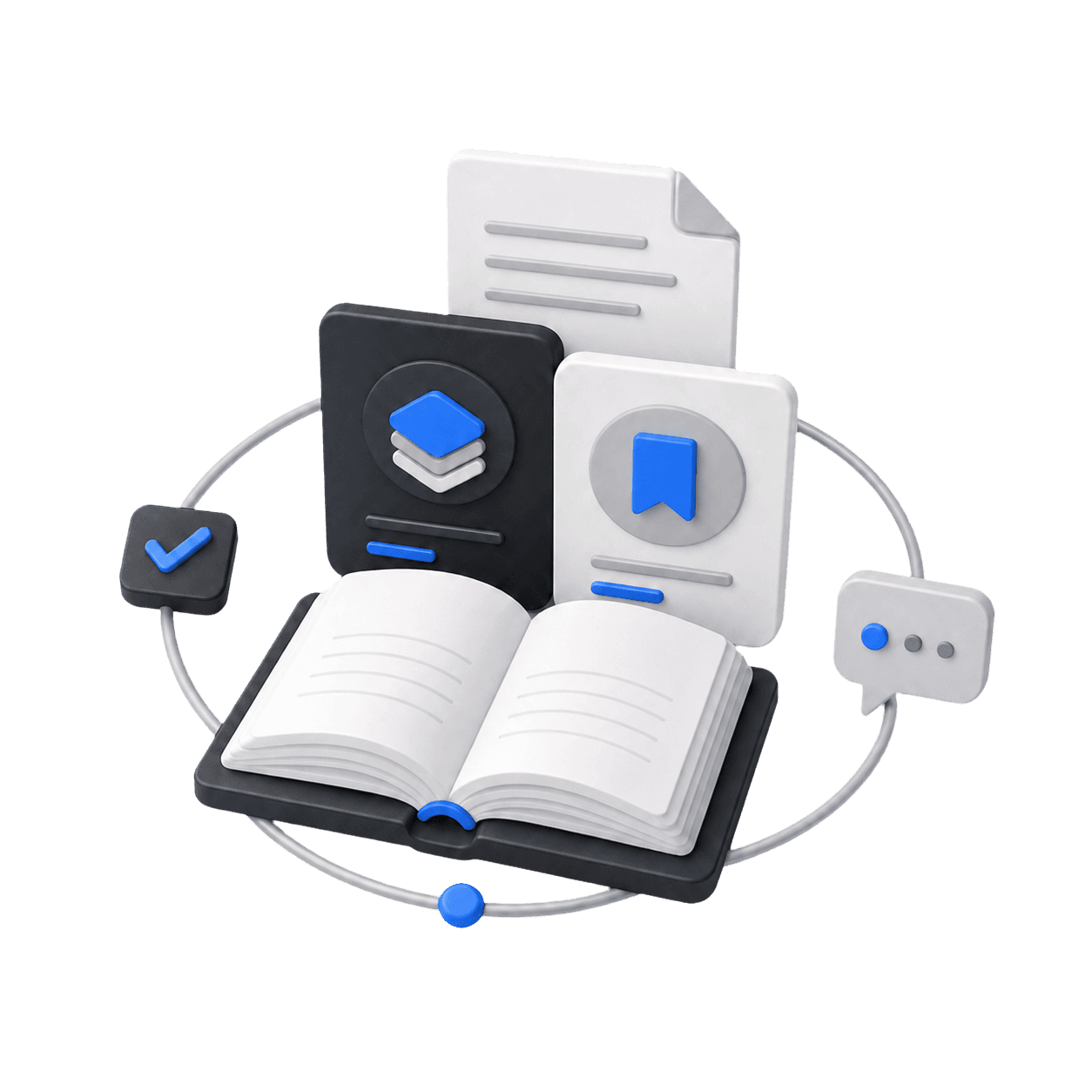 An isometric open book surrounded by practical guides, a checklist and a discussion prompt